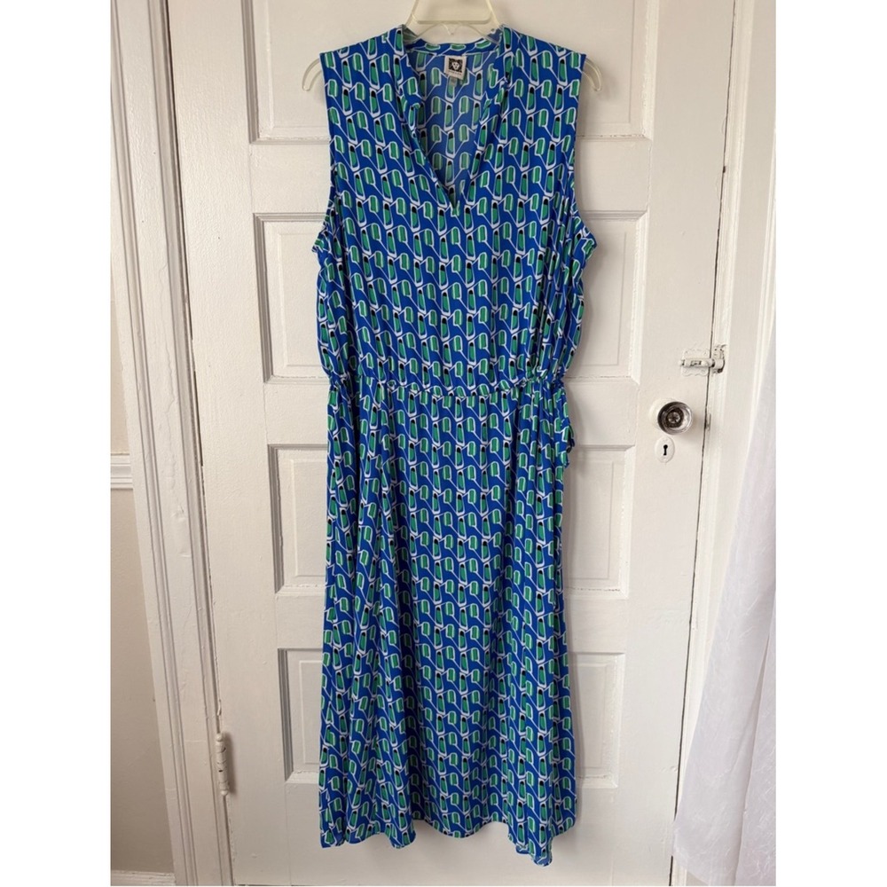 Anne Klein Blue & Green Geometric Sleeveless Maxi Dress Cinched Waist Office Lg - Picture 12 of 17